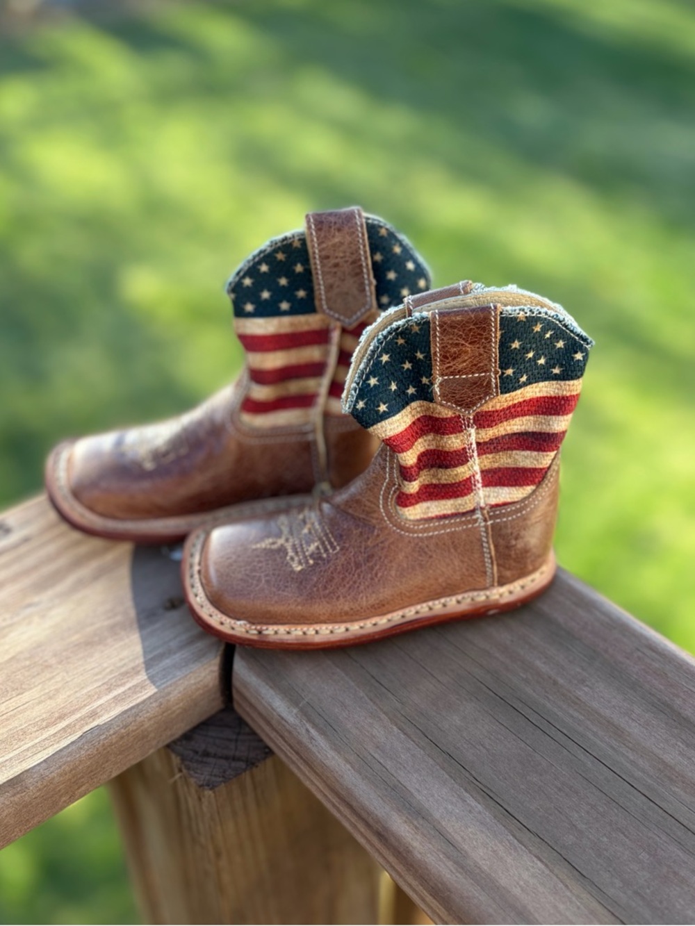 Roper Brown Kids Cowboy Boots with Red, White & Blue Flag Shaft